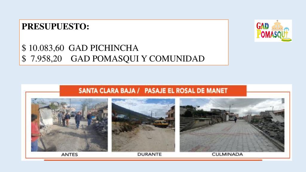 PRESUPUESTO: $ ,60 GAD PICHINCHA $ 7.958,20 GAD POMASQUI Y COMUNIDAD