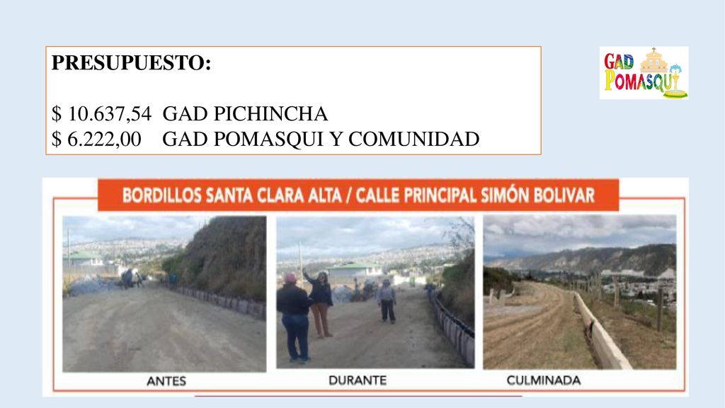 PRESUPUESTO: $ ,54 GAD PICHINCHA $ 6.222,00 GAD POMASQUI Y COMUNIDAD