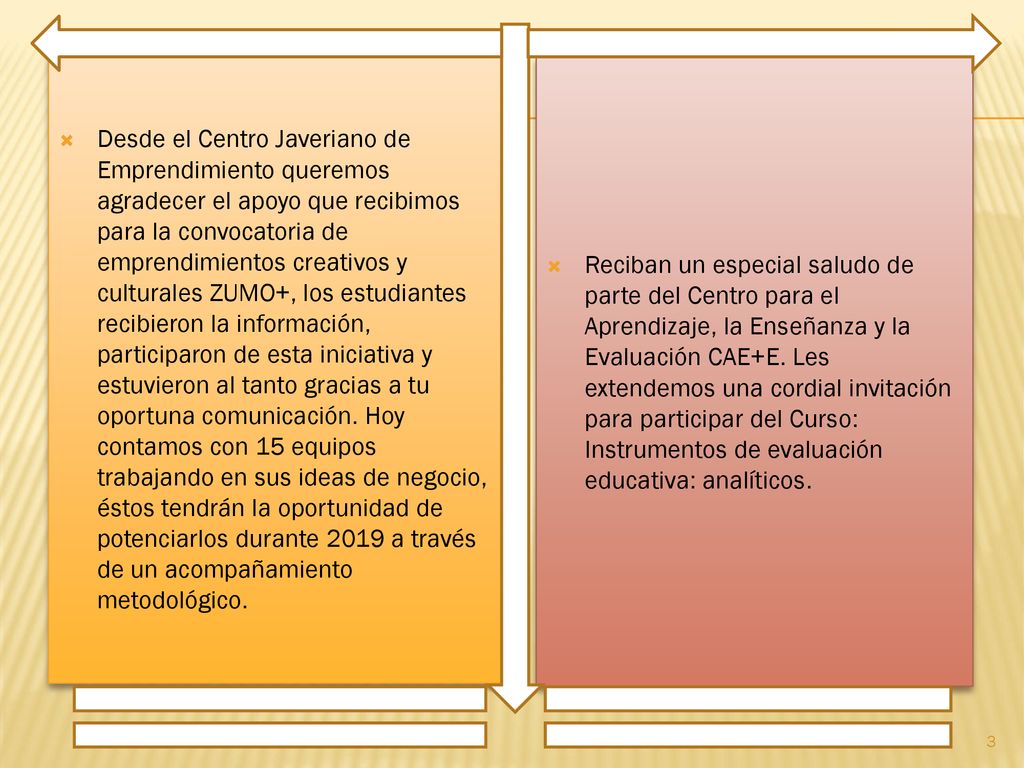 Desde el Centro Javeriano de Emprendimiento queremos agradecer el apoyo que recibimos para la convocatoria de emprendimientos creativos y culturales ZUMO+, los estudiantes recibieron la información, participaron de esta iniciativa y estuvieron al tanto gracias a tu oportuna comunicación. Hoy contamos con 15 equipos trabajando en sus ideas de negocio, éstos tendrán la oportunidad de potenciarlos durante 2019 a través de un acompañamiento metodológico.
