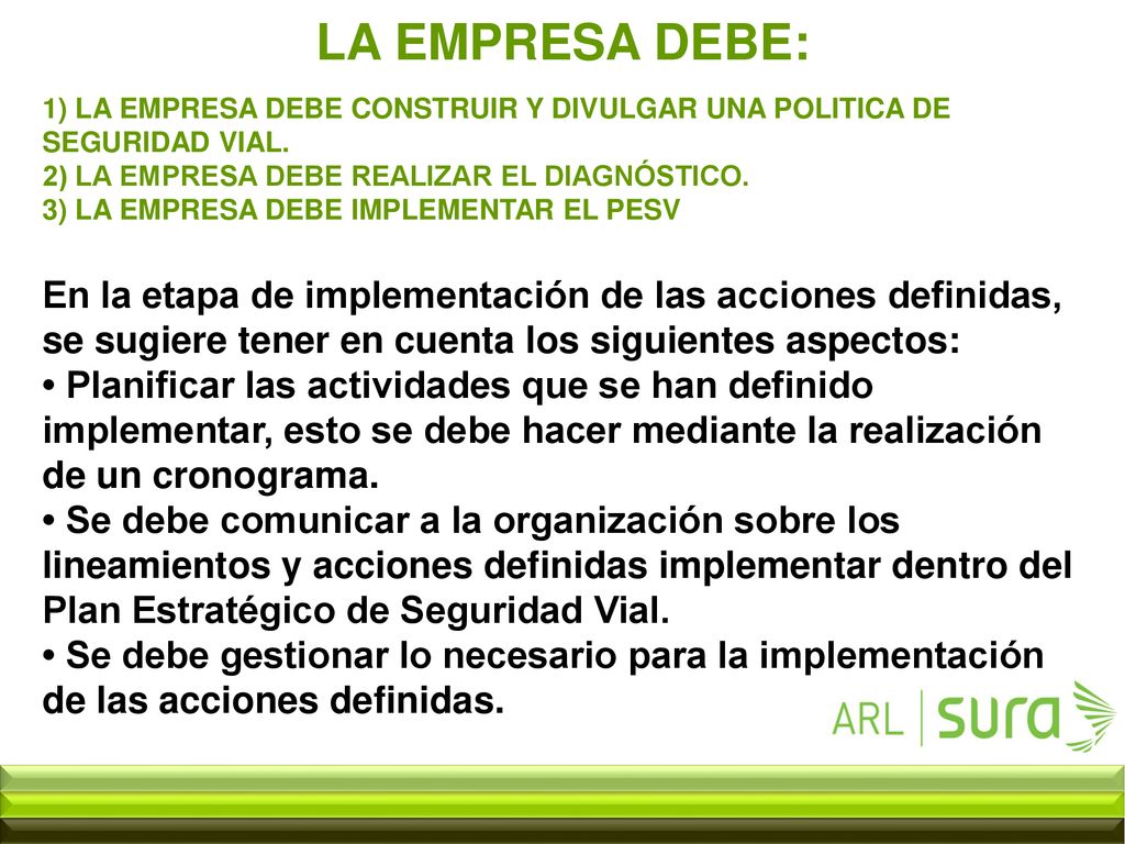 LA EMPRESA DEBE: 1) LA EMPRESA DEBE CONSTRUIR Y DIVULGAR UNA POLITICA DE. SEGURIDAD VIAL. 2) LA EMPRESA DEBE REALIZAR EL DIAGNÓSTICO.