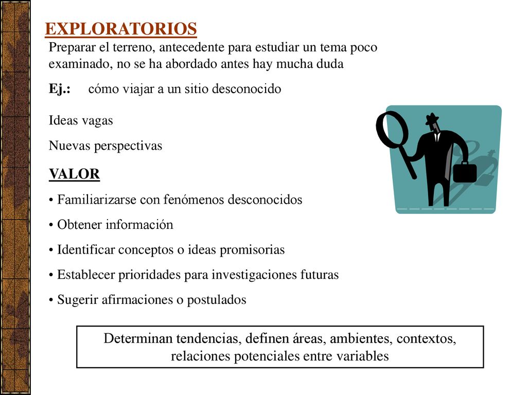 EXPLORATORIOS Preparar el terreno, antecedente para estudiar un tema poco examinado, no se ha abordado antes hay mucha duda.