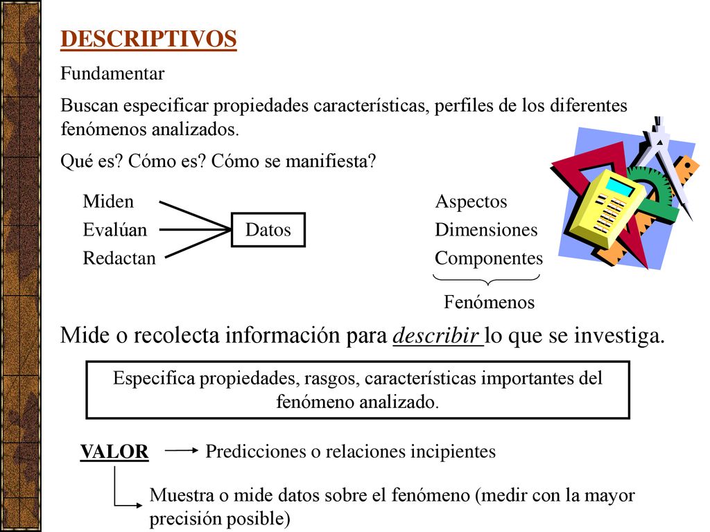 Mide o recolecta información para describir lo que se investiga.