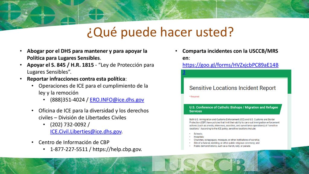 ¿Qué puede hacer usted Abogar por el DHS para mantener y para apoyar la Política para Lugares Sensibles.