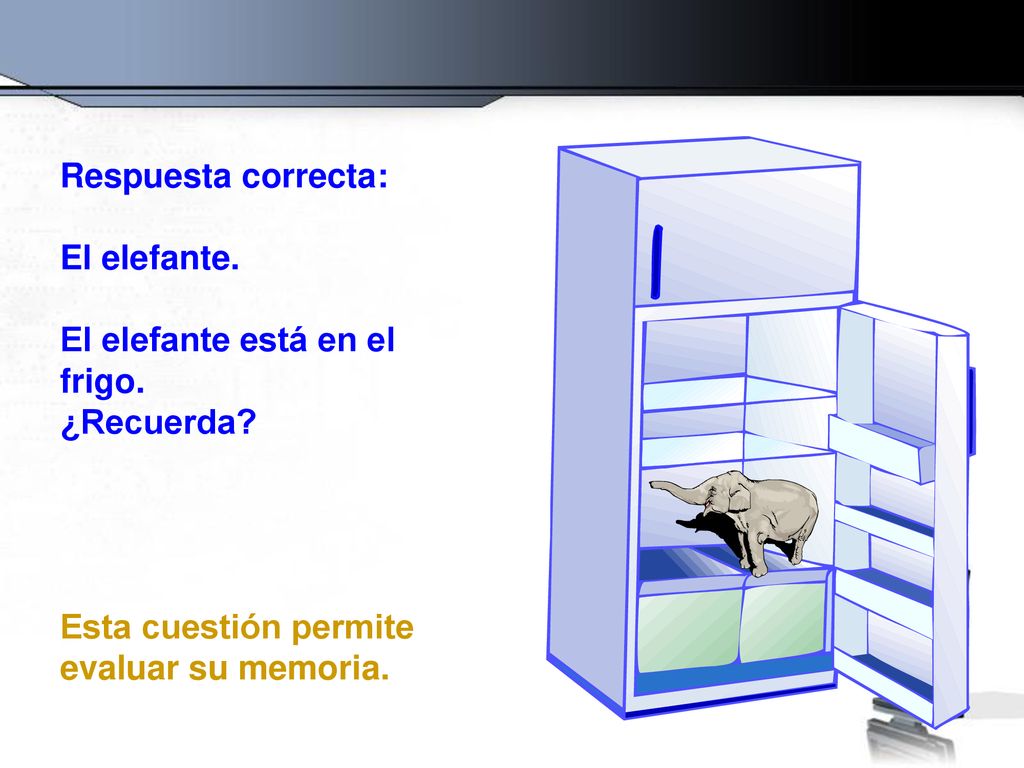 Respuesta correcta: El elefante. El elefante está en el frigo.