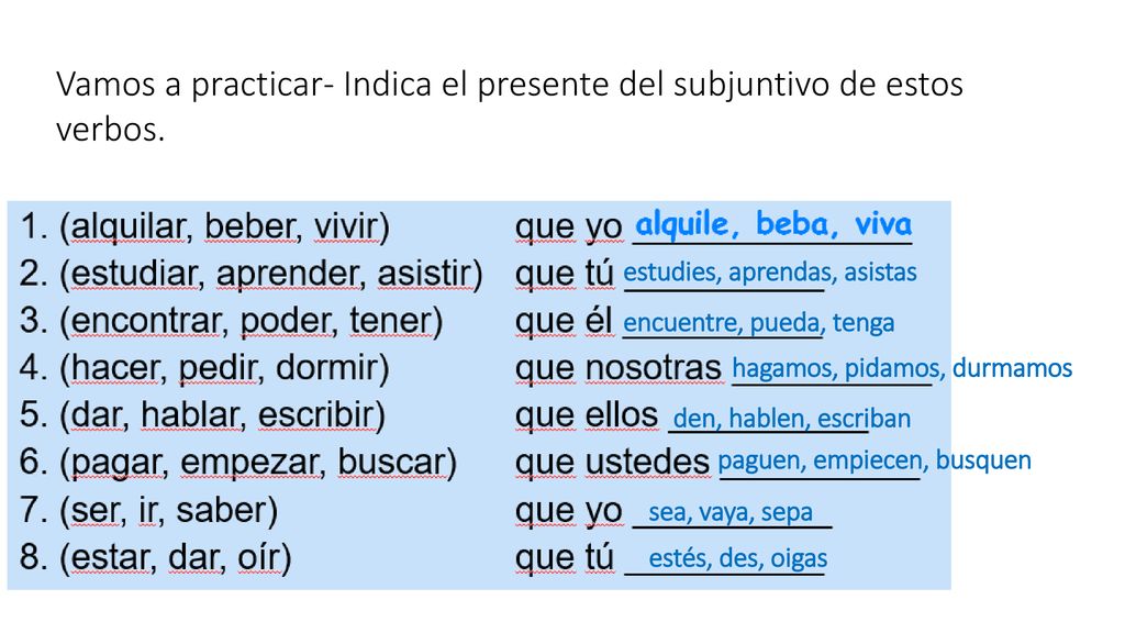 Vamos a practicar- Indica el presente del subjuntivo de estos verbos.