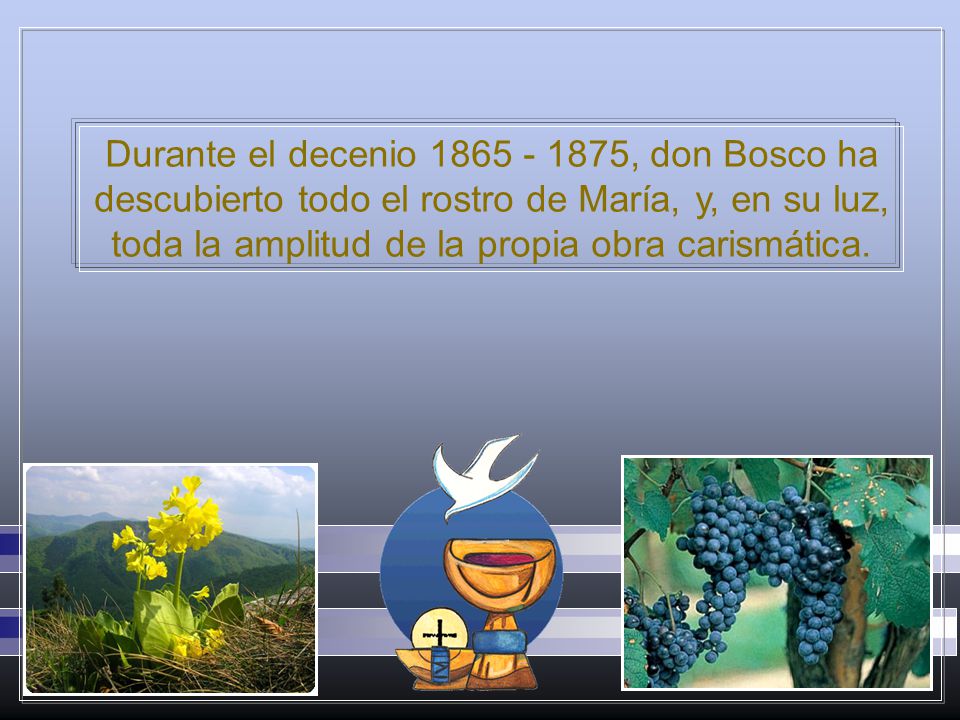 Durante el decenio , don Bosco ha descubierto todo el rostro de María, y, en su luz, toda la amplitud de la propia obra carismática.