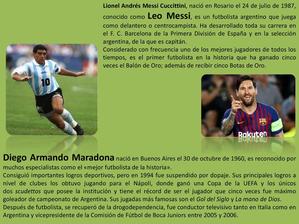 Lionel Andrés Messi Cuccittini, nació en Rosario el 24 de julio de 1987, conocido como Leo Messi,​ es un futbolista argentino que juega como delantero o centrocampista.​ Ha desarrollado toda su carrera en el F. C. Barcelona de la Primera División de España y en la selección argentina, de la que es capitán.