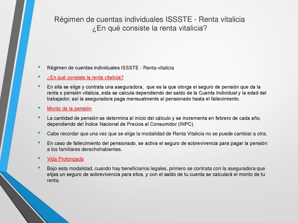 Régimen de cuentas individuales ISSSTE - Renta vitalicia ¿En qué consiste la renta vitalicia
