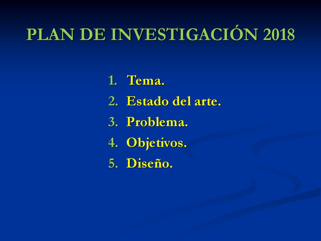 PLAN DE INVESTIGACIÓN 2018 Tema. Estado del arte. Problema. Objetivos.
