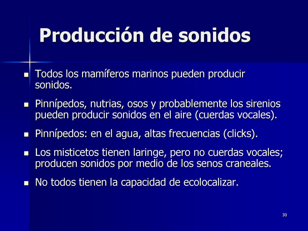 Producción de sonidos Todos los mamíferos marinos pueden producir sonidos.