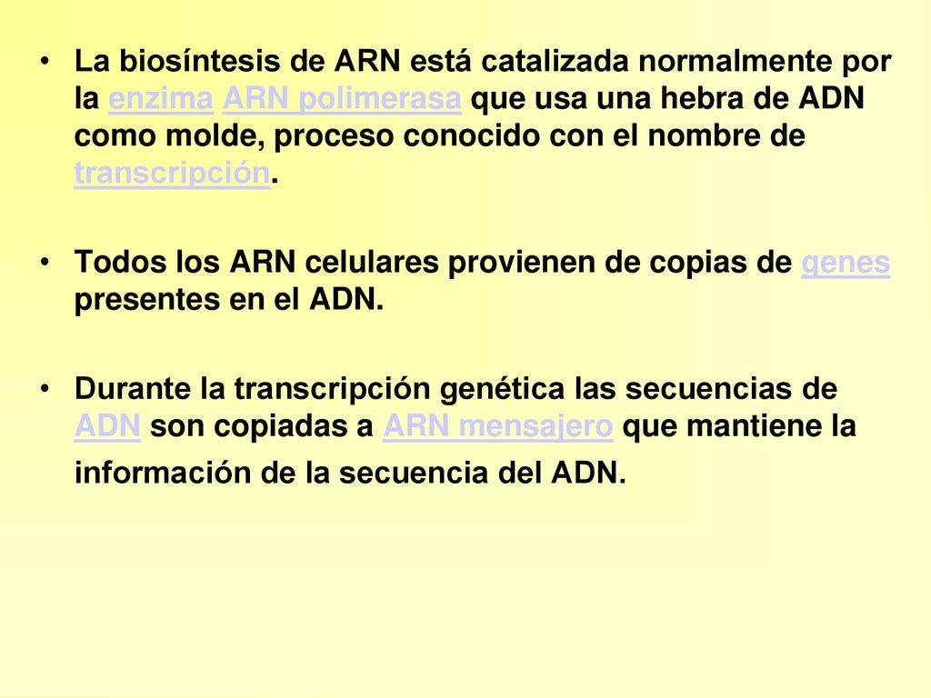 La biosíntesis de ARN está catalizada normalmente por la enzima ARN polimerasa que usa una hebra de ADN como molde, proceso conocido con el nombre de transcripción.