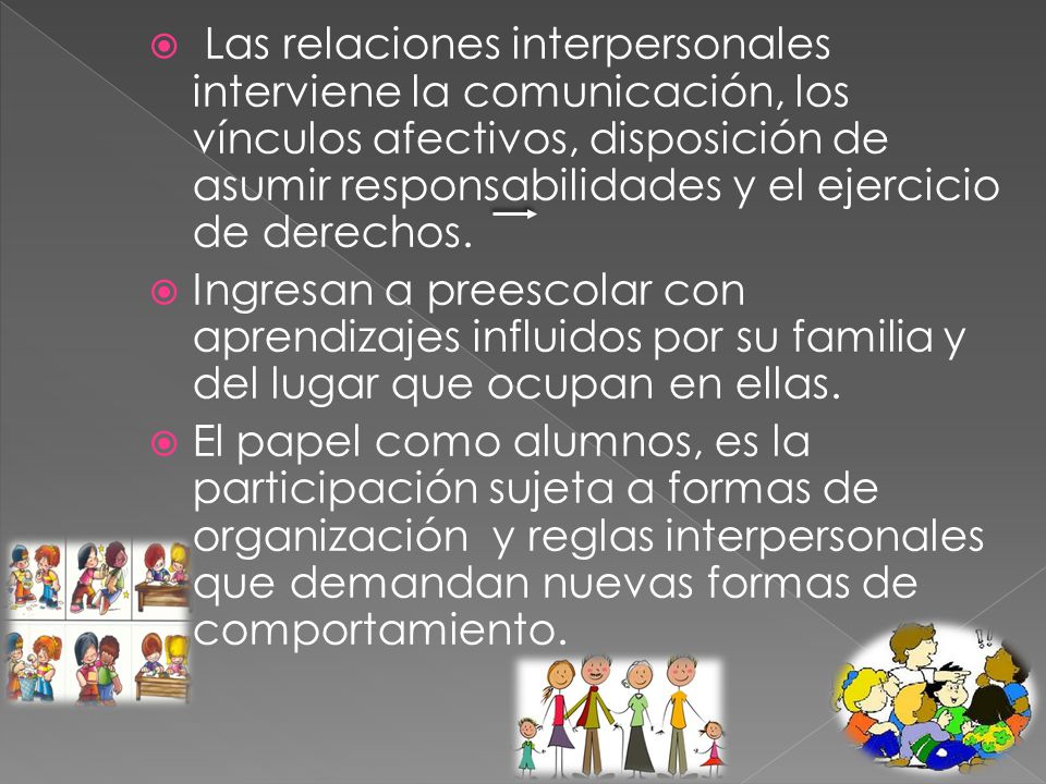Las relaciones interpersonales interviene la comunicación, los vínculos afectivos, disposición de asumir responsabilidades y el ejercicio de derechos.