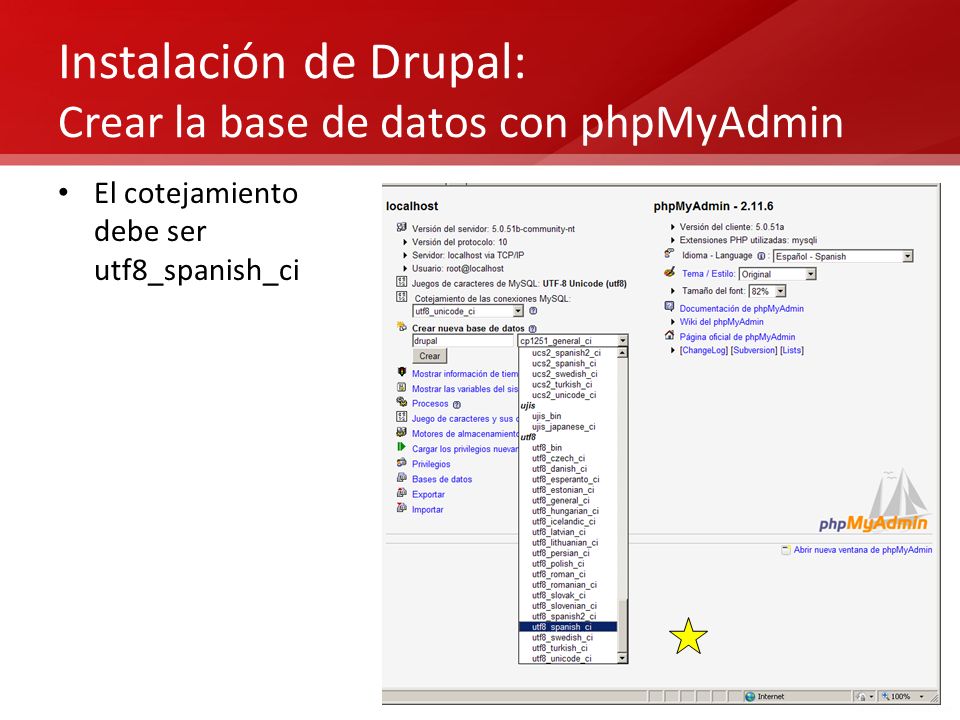 Instalación de Drupal: Crear la base de datos con phpMyAdmin