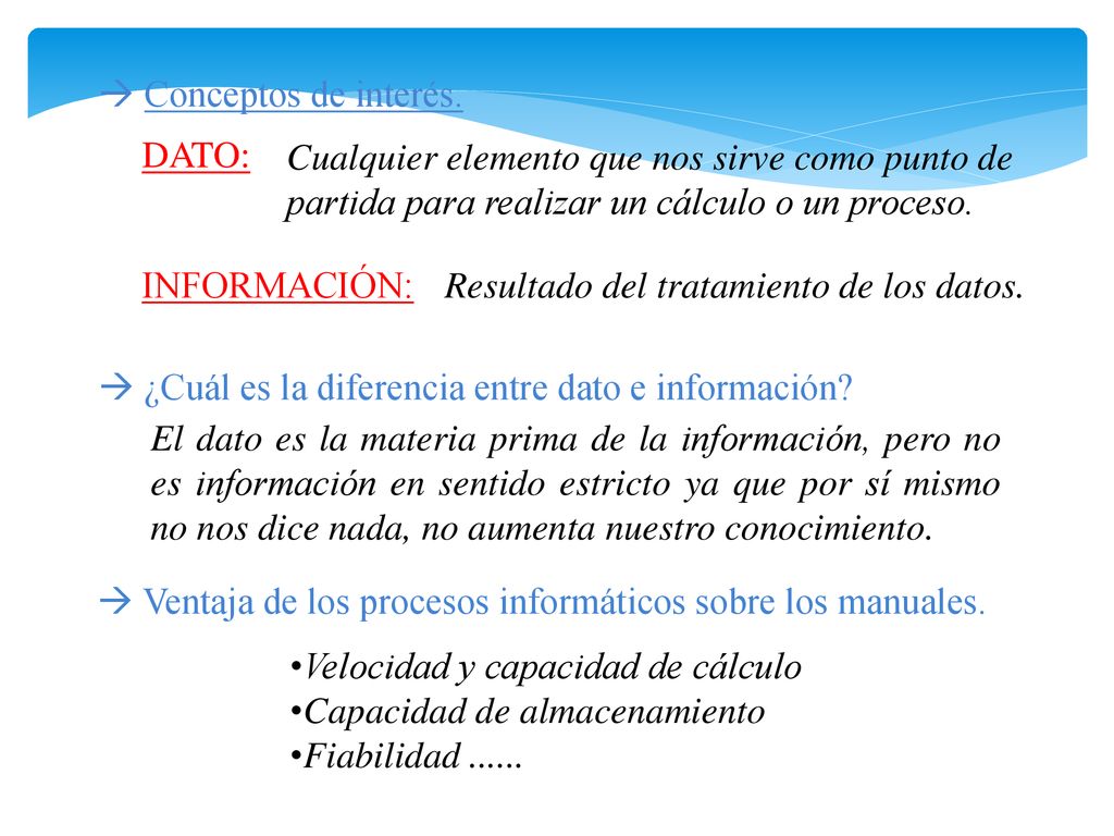  Conceptos de interés. DATO: Cualquier elemento que nos sirve como punto de partida para realizar un cálculo o un proceso.