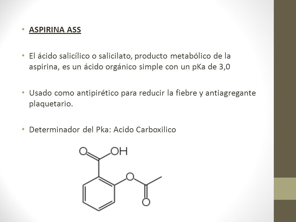 ASPIRINA ASS El ácido salicílico o salicilato, producto metabólico de la aspirina, es un ácido orgánico simple con un pKa de 3,0.