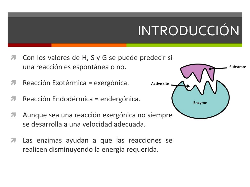 INTRODUCCIÓN Con los valores de H, S y G se puede predecir si una reacción es espontánea o no. Reacción Exotérmica = exergónica.