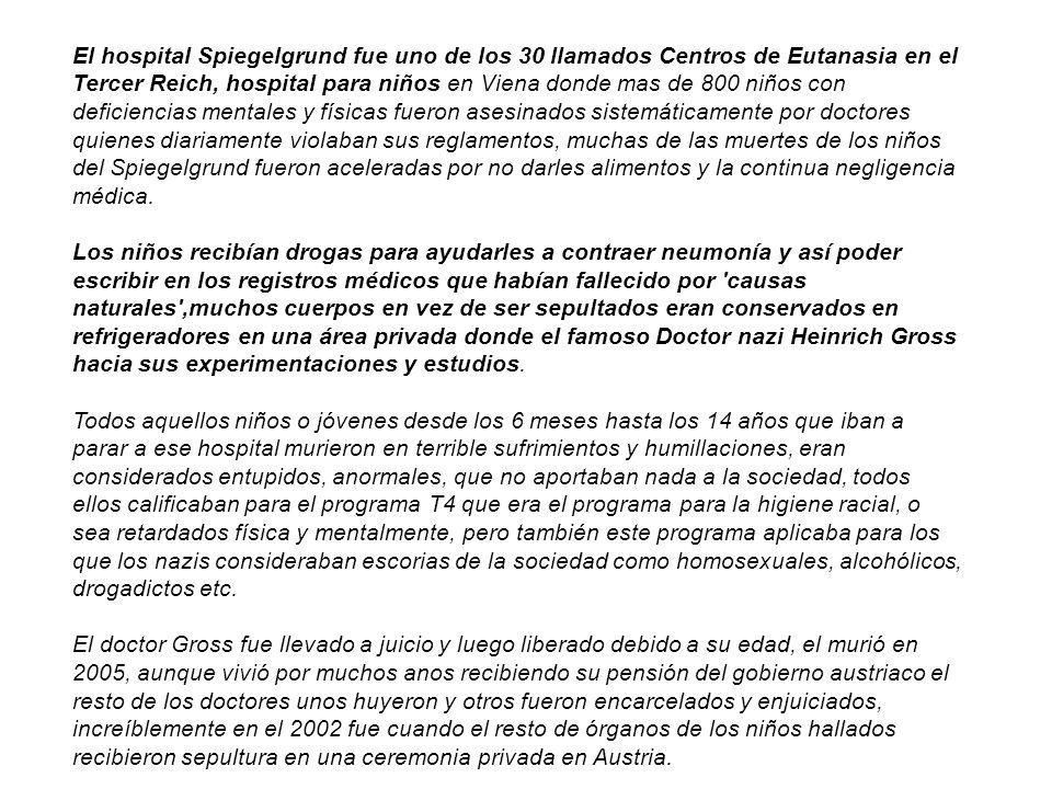 El hospital Spiegelgrund fue uno de los 30 llamados Centros de Eutanasia en el Tercer Reich, hospital para niños en Viena donde mas de 800 niños con deficiencias mentales y físicas fueron asesinados sistemáticamente por doctores quienes diariamente violaban sus reglamentos, muchas de las muertes de los niños del Spiegelgrund fueron aceleradas por no darles alimentos y la continua negligencia médica.