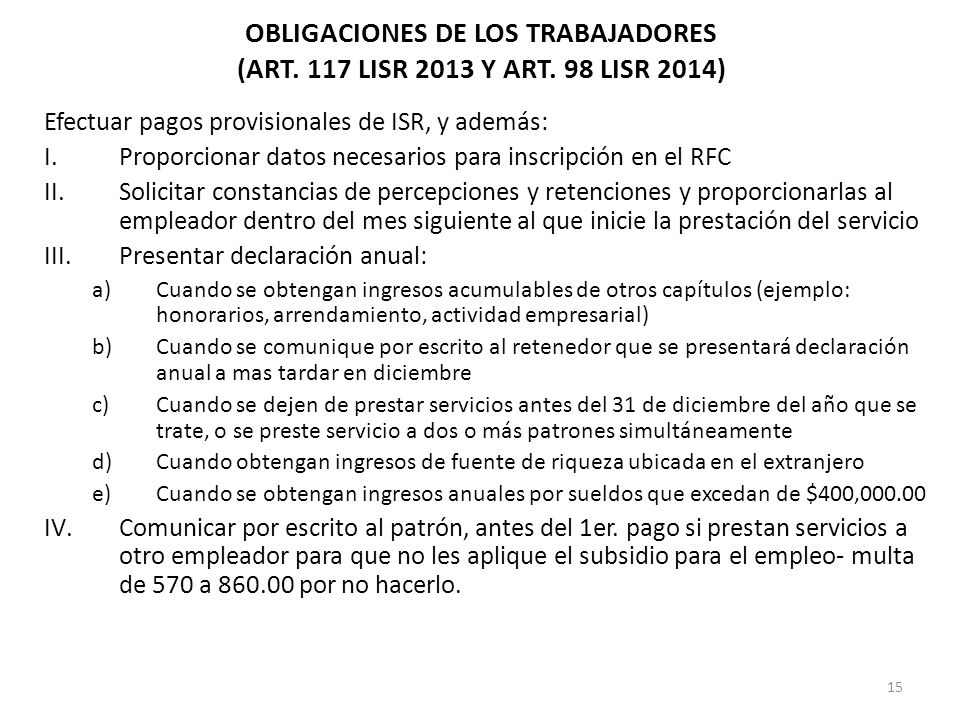 OBLIGACIONES DE LOS TRABAJADORES (ART. 117 LISR 2013 Y ART