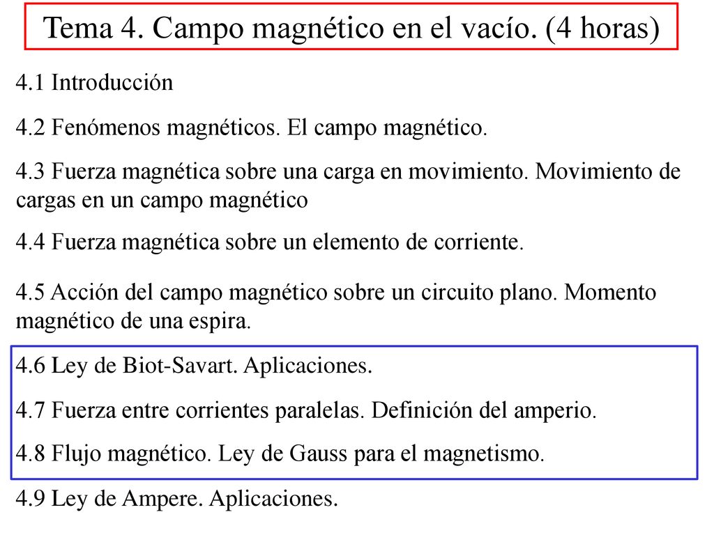 Tema 4. Campo magnético en el vacío. (4 horas)