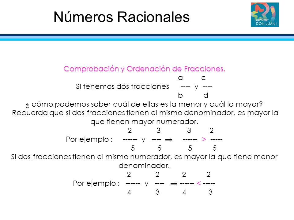 Números Racionales Comprobación y Ordenación de Fracciones. a c