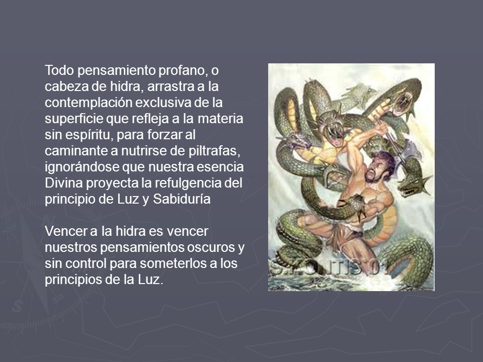 Todo pensamiento profano, o cabeza de hidra, arrastra a la contemplación exclusiva de la superficie que refleja a la materia sin espíritu, para forzar al caminante a nutrirse de piltrafas, ignorándose que nuestra esencia Divina proyecta la refulgencia del principio de Luz y Sabiduría