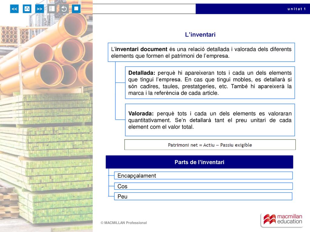 L’inventari L’inventari document és una relació detallada i valorada dels diferents elements que formen el patrimoni de l’empresa.