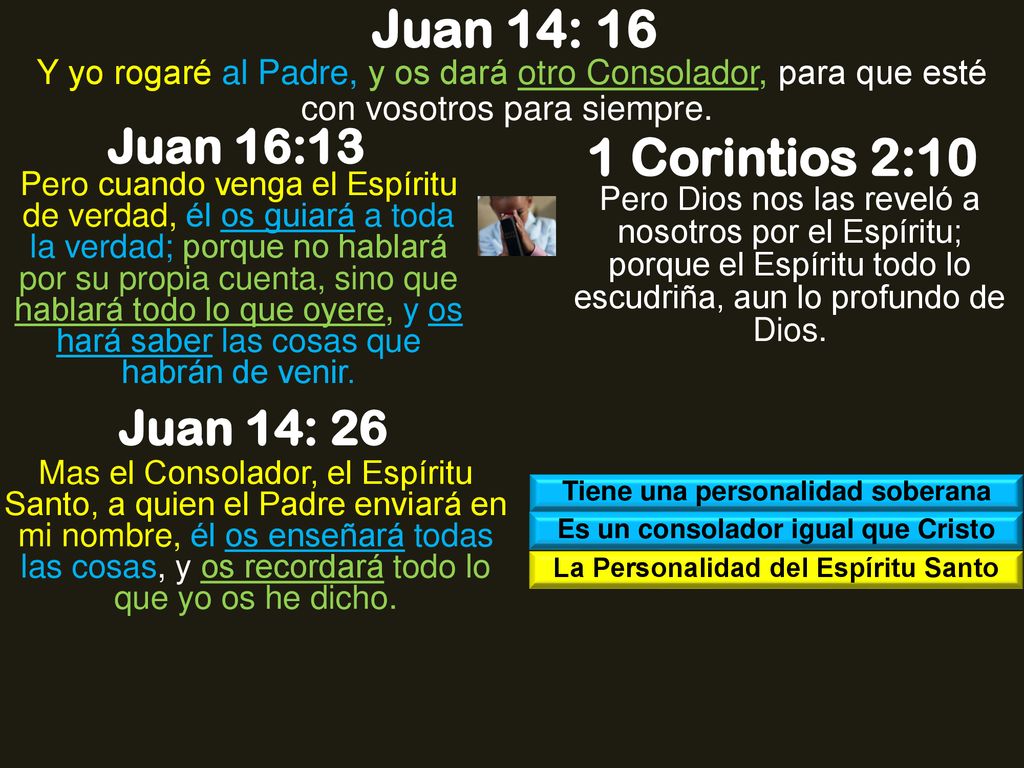 Juan 14: 16 1 Corintios 2:10 Juan 16:13 Juan 14: 26