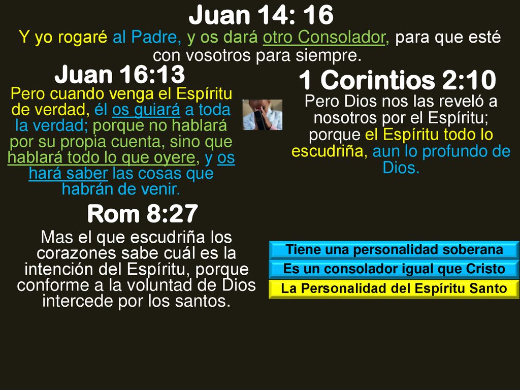 Juan 14: 16 1 Corintios 2:10 Juan 16:13 Rom 8:27