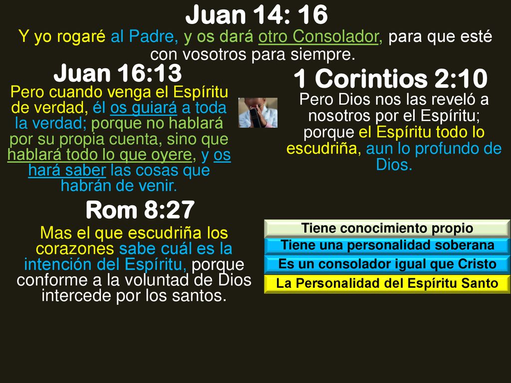 Juan 14: 16 1 Corintios 2:10 Juan 16:13 Rom 8:27