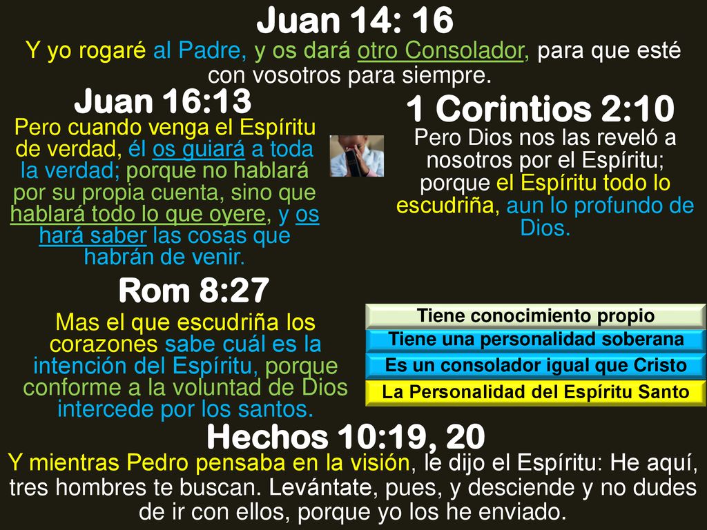 Juan 14: 16 1 Corintios 2:10 Juan 16:13 Rom 8:27 Hechos 10:19, 20