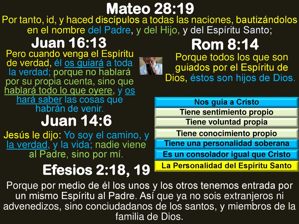 Mateo 28:19 Rom 8:14 Juan 14:6 Juan 16:13 Efesios 2:18, 19
