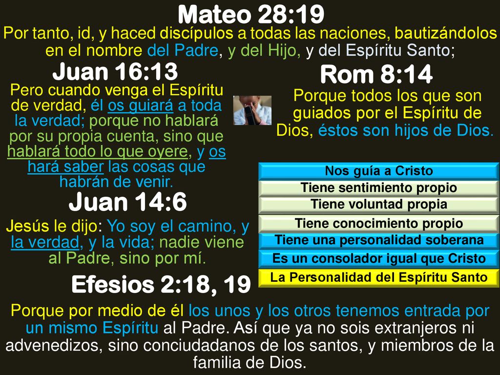 Mateo 28:19 Rom 8:14 Juan 14:6 Juan 16:13 Efesios 2:18, 19