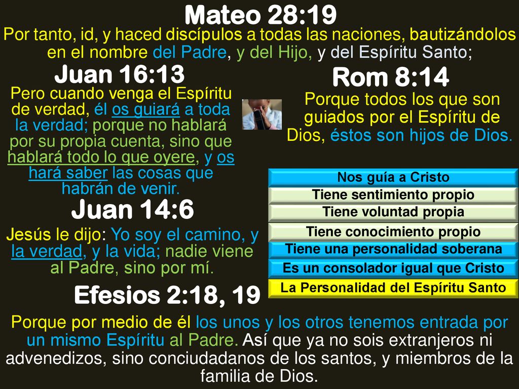 Mateo 28:19 Rom 8:14 Juan 14:6 Juan 16:13 Efesios 2:18, 19