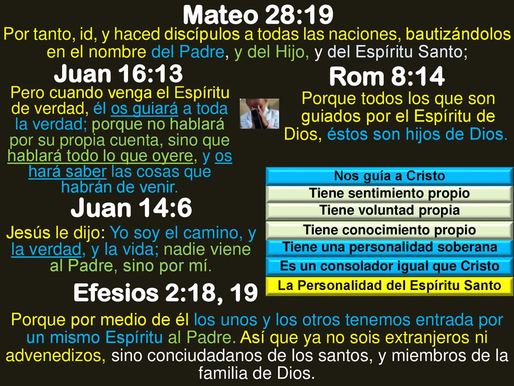 Mateo 28:19 Rom 8:14 Juan 14:6 Juan 16:13 Efesios 2:18, 19