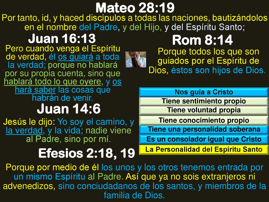 Mateo 28:19 Rom 8:14 Juan 14:6 Juan 16:13 Efesios 2:18, 19