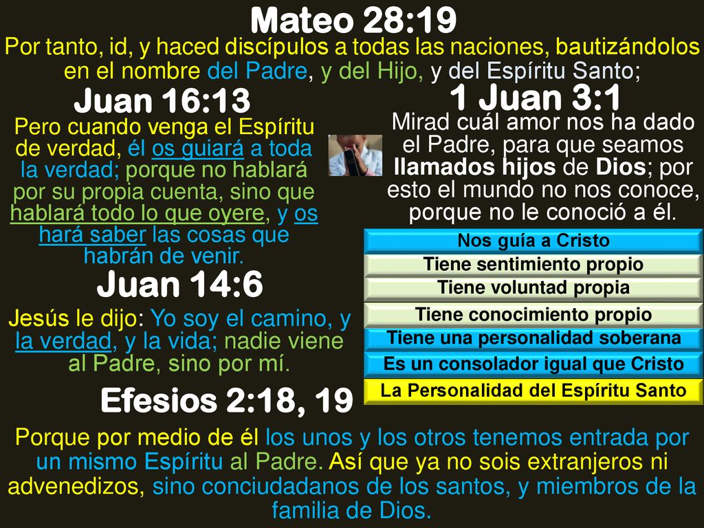 Mateo 28:19 1 Juan 3:1 Juan 14:6 Juan 16:13 Efesios 2:18, 19