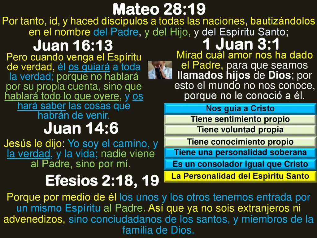 Mateo 28:19 1 Juan 3:1 Juan 14:6 Juan 16:13 Efesios 2:18, 19