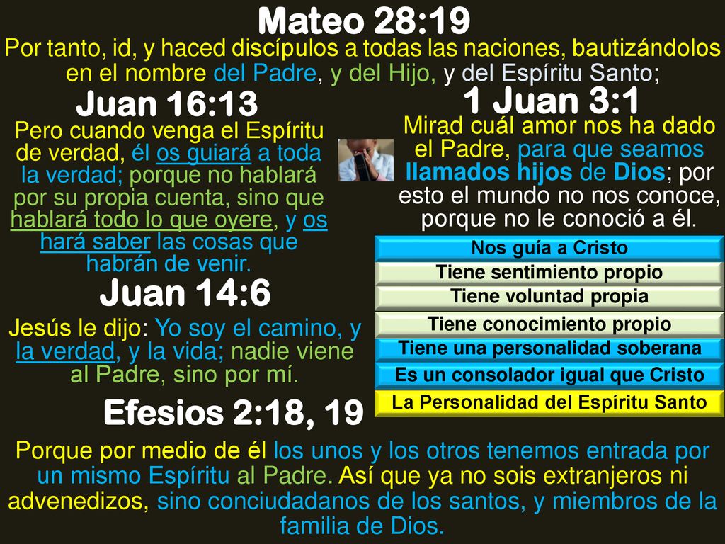Mateo 28:19 1 Juan 3:1 Juan 14:6 Juan 16:13 Efesios 2:18, 19