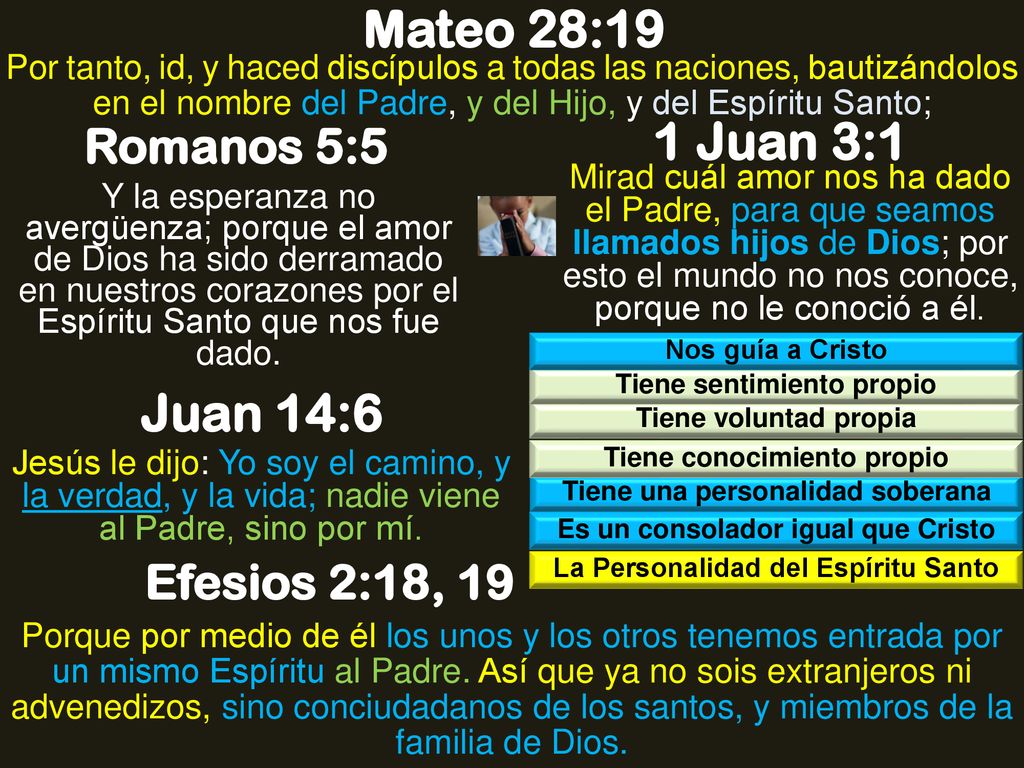 Mateo 28:19 1 Juan 3:1 Juan 14:6 Romanos 5:5 Efesios 2:18, 19