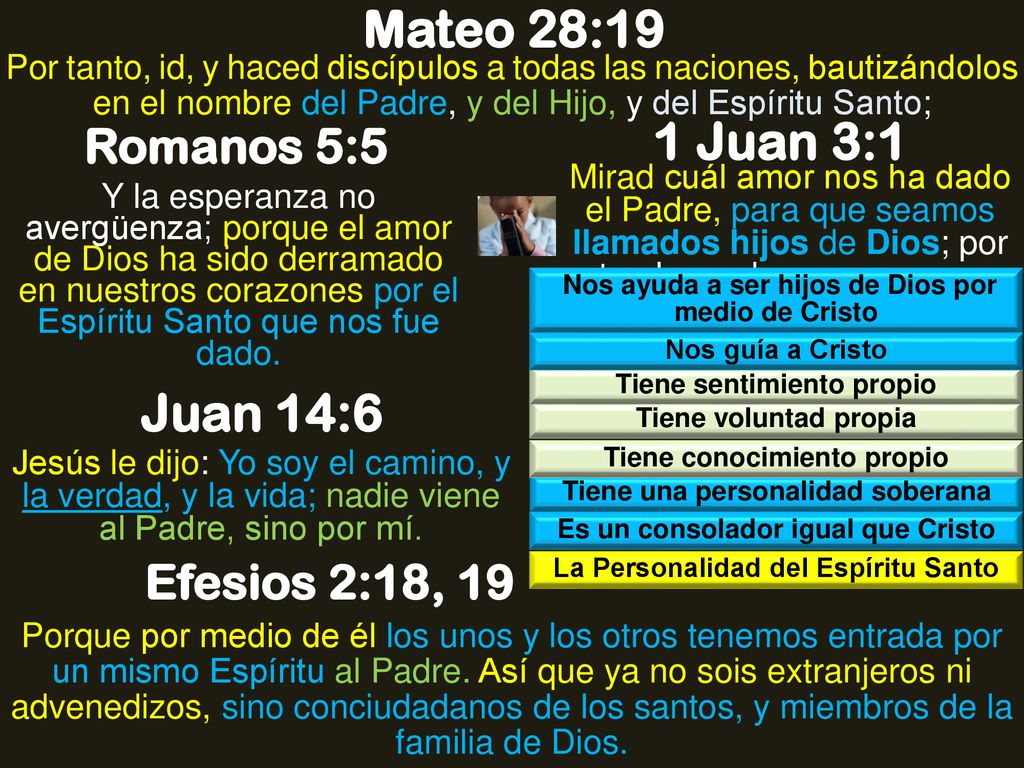 Mateo 28:19 1 Juan 3:1 Juan 14:6 Romanos 5:5 Efesios 2:18, 19