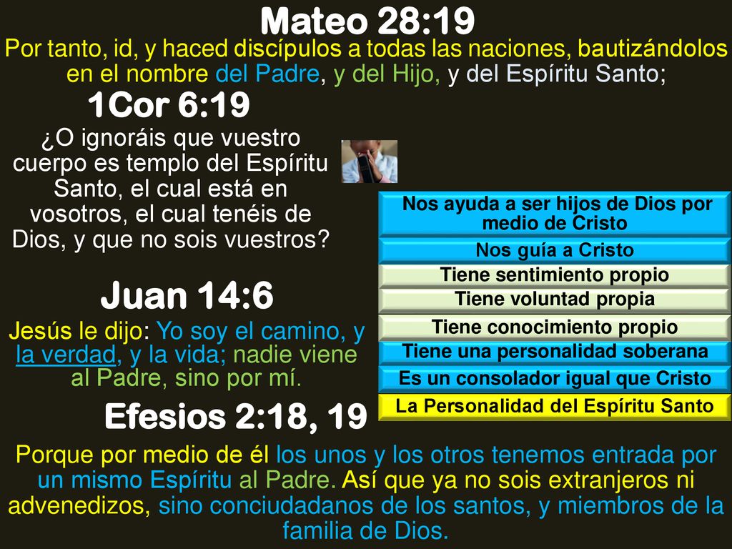 Mateo 28:19 Juan 14:6 1Cor 6:19 Efesios 2:18, 19