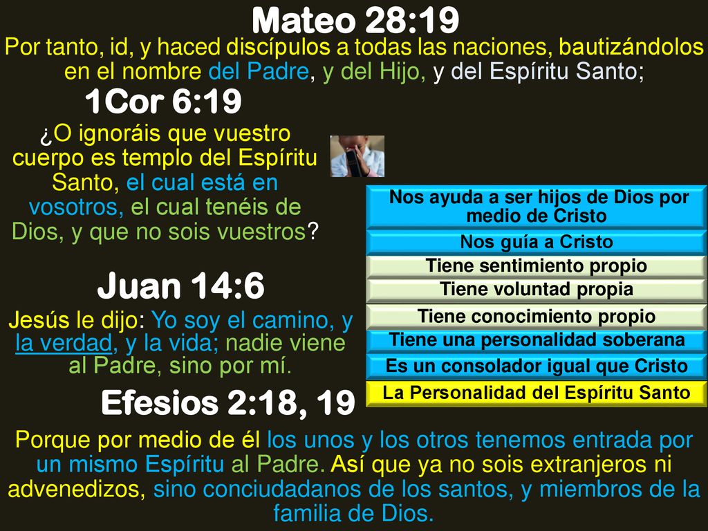 Mateo 28:19 Juan 14:6 1Cor 6:19 Efesios 2:18, 19