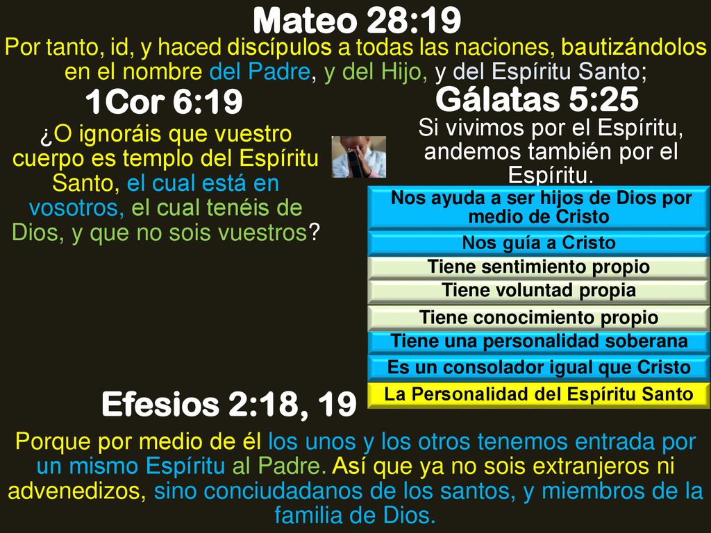Mateo 28:19 Gálatas 5:25 1Cor 6:19 Efesios 2:18, 19
