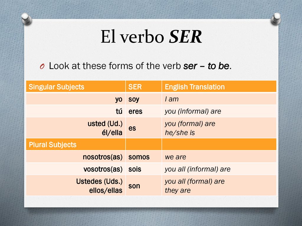 El verbo SER Look at these forms of the verb ser – to be.