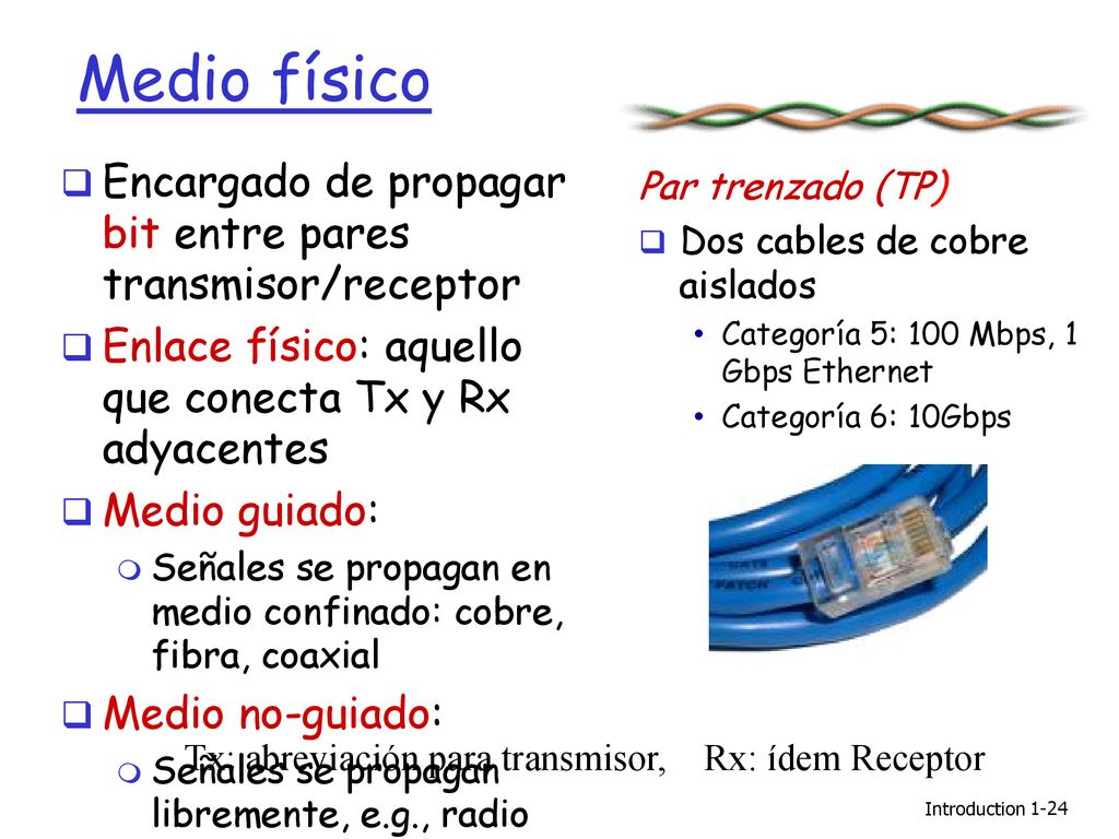 Medio físico Encargado de propagar bit entre pares transmisor/receptor
