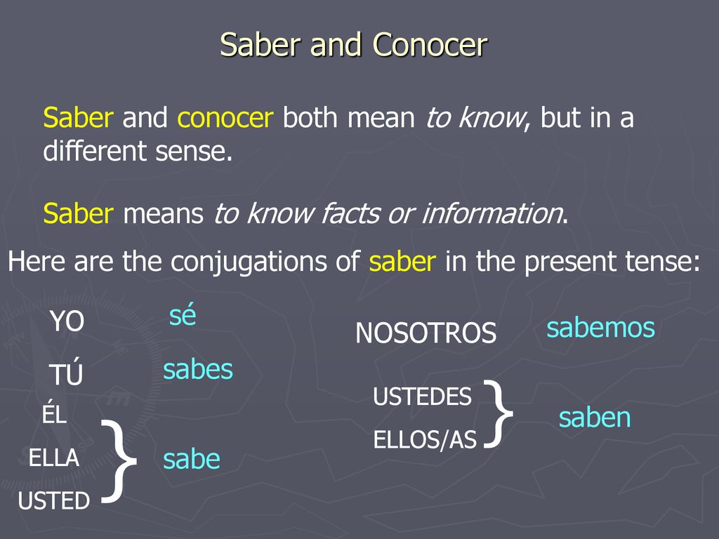Saber and Conocer Saber and conocer both mean to know, but in a different sense. Saber means to know facts or information.