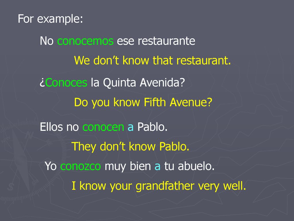 For example: No conocemos ese restaurante. We don’t know that restaurant. ¿Conoces la Quinta Avenida