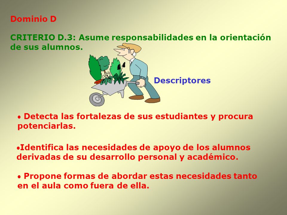Dominio D CRITERIO D.3: Asume responsabilidades en la orientación. de sus alumnos. Descriptores.