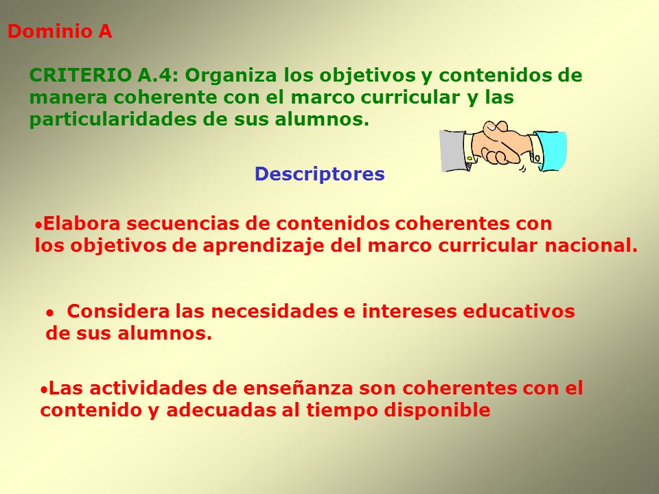 Dominio A CRITERIO A.4: Organiza los objetivos y contenidos de. manera coherente con el marco curricular y las.