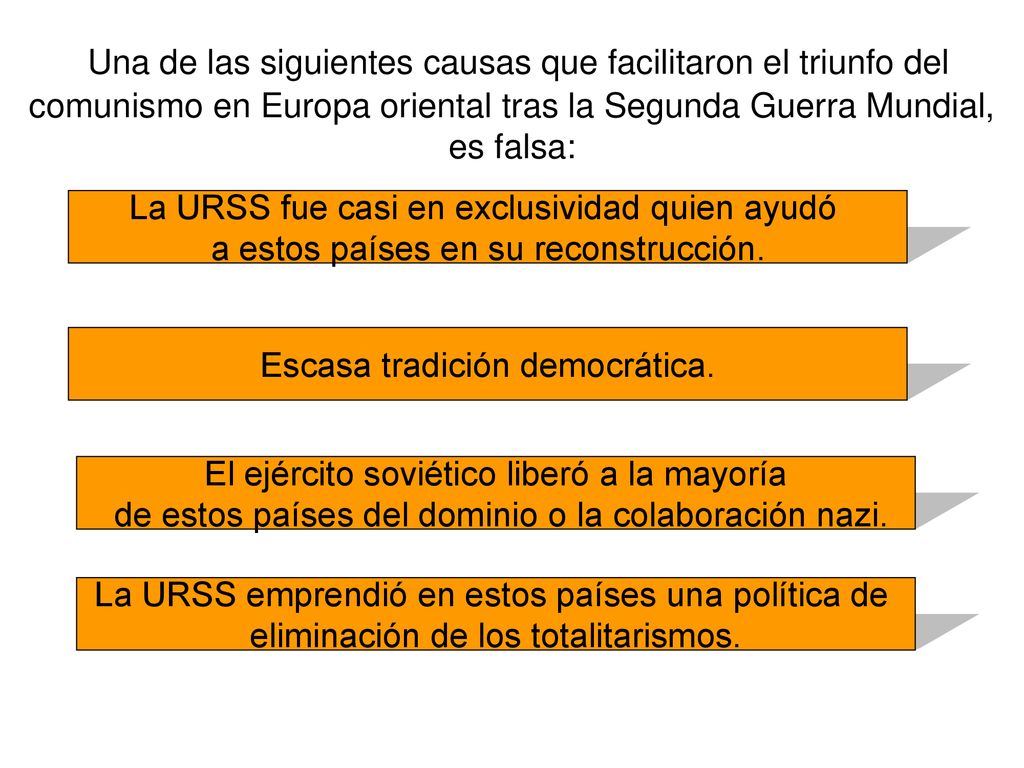 Una de las siguientes causas que facilitaron el triunfo del comunismo en Europa oriental tras la Segunda Guerra Mundial, es falsa: